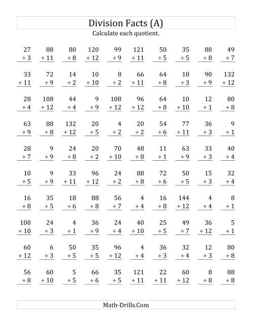 The Vertically arranged division facts to 144 (A) Math Worksheet
