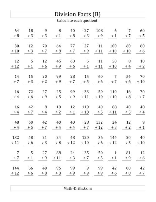 The Vertically arranged division facts to 144 (B) Math Worksheet
