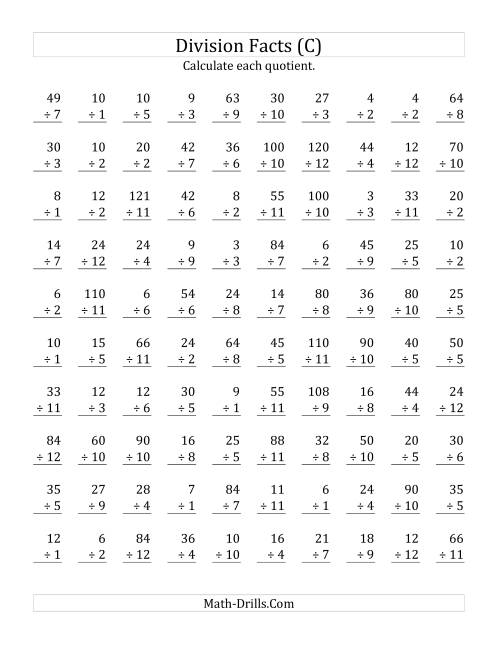 The Vertically arranged division facts to 144 (C) Math Worksheet