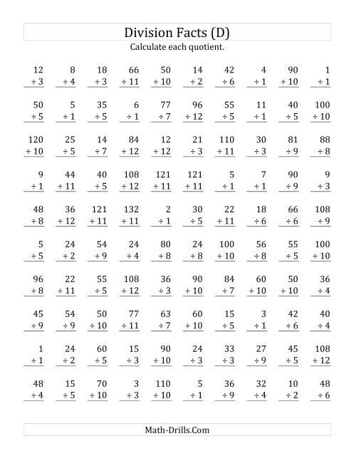 The Vertically arranged division facts to 144 (D) Math Worksheet