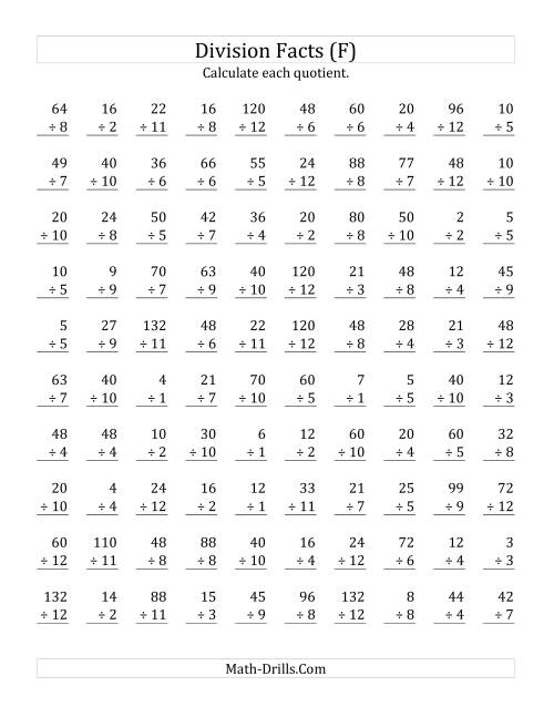 The Vertically arranged division facts to 144 (F) Math Worksheet