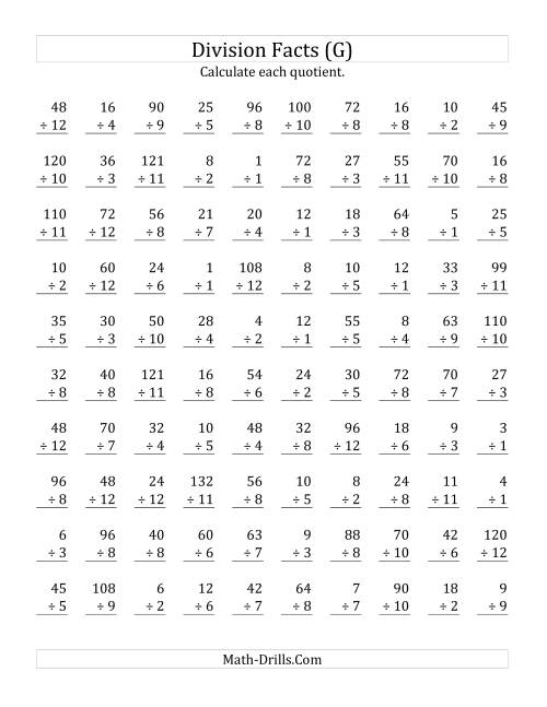 The Vertically arranged division facts to 144 (G) Math Worksheet