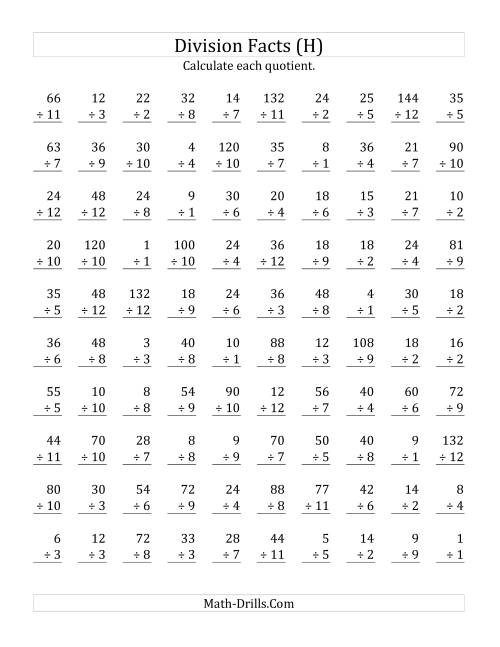 The Vertically arranged division facts to 144 (H) Math Worksheet