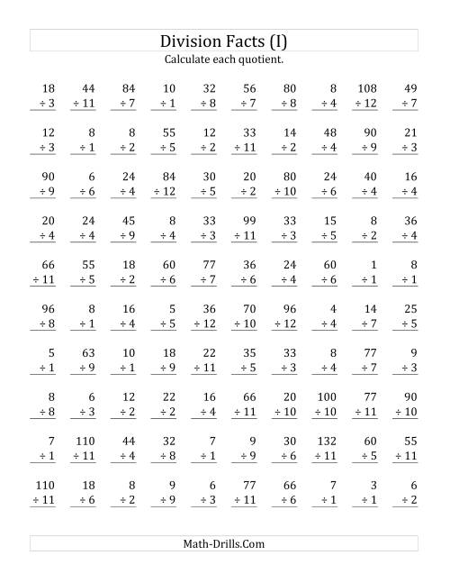 The Vertically arranged division facts to 144 (I) Math Worksheet