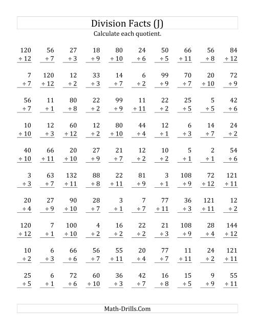 The Vertically arranged division facts to 144 (J) Math Worksheet