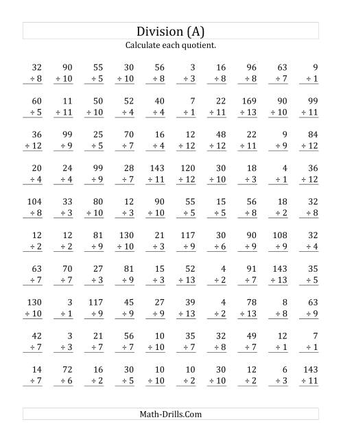 The Vertically arranged division facts to 169 (A) Math Worksheet