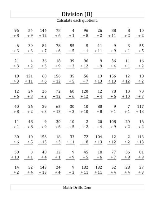 The Vertically arranged division facts to 169 (B) Math Worksheet