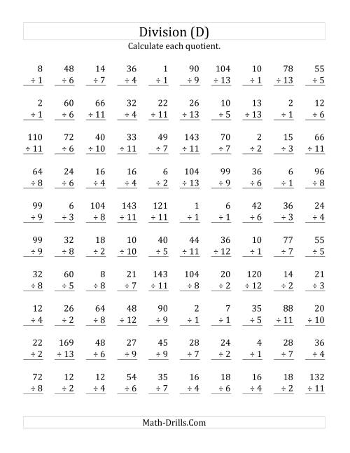 The Vertically arranged division facts to 169 (D) Math Worksheet