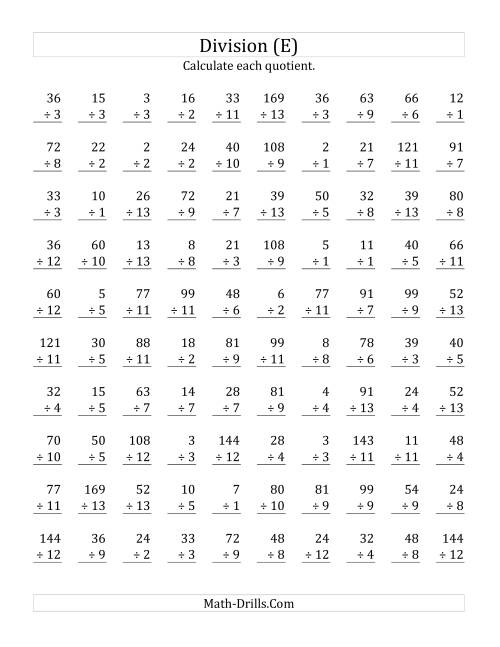 The Vertically arranged division facts to 169 (E) Math Worksheet