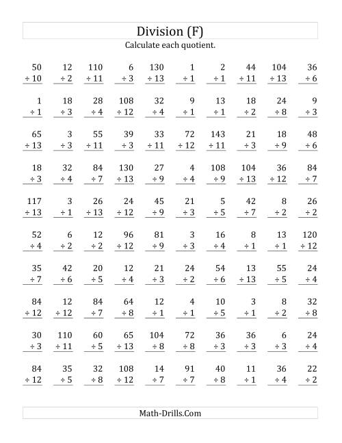 The Vertically arranged division facts to 169 (F) Math Worksheet