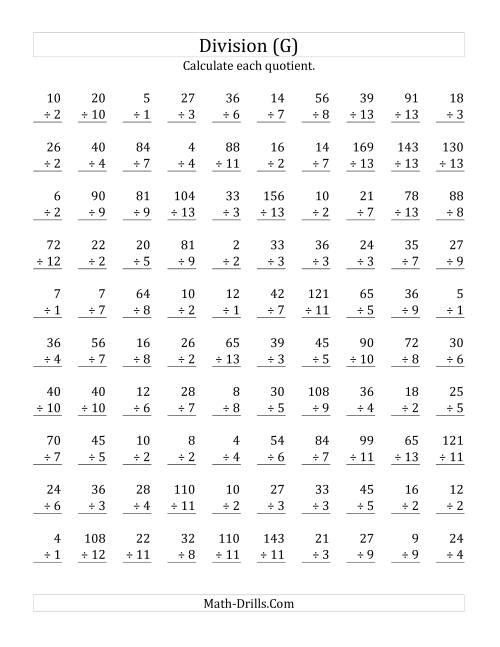 The Vertically arranged division facts to 169 (G) Math Worksheet