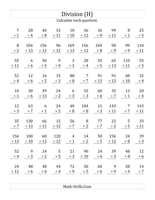The Vertically arranged division facts to 169 (H) Math Worksheet