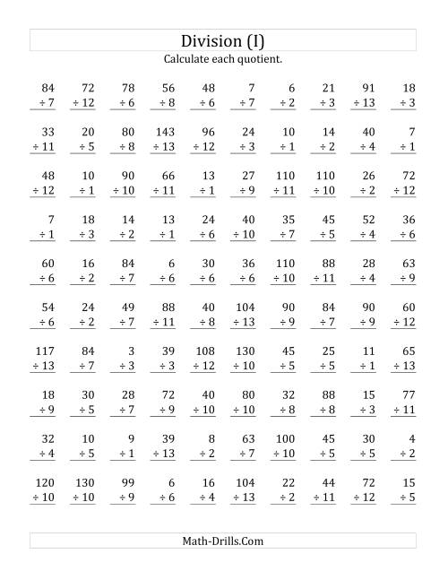 The Vertically arranged division facts to 169 (I) Math Worksheet