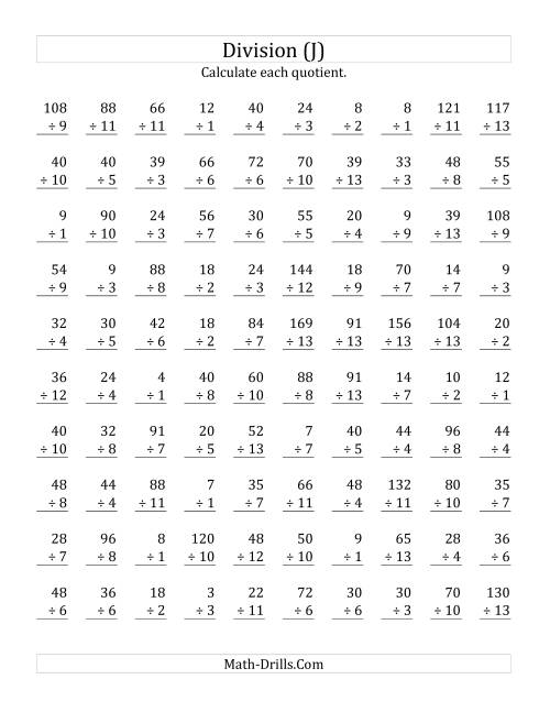 The Vertically arranged division facts to 169 (J) Math Worksheet