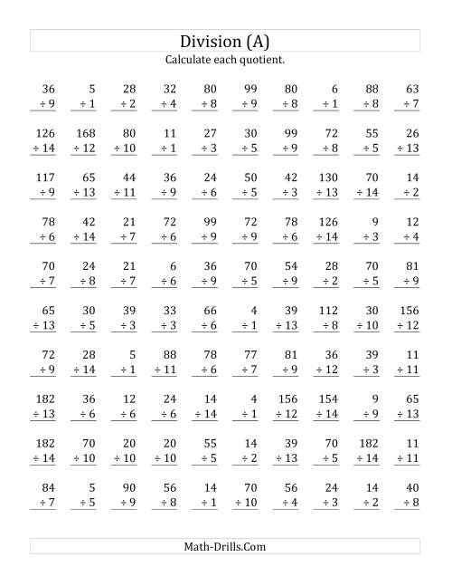 The Vertically arranged division facts to 196 (A) Math Worksheet