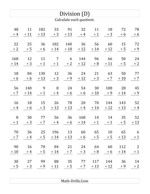 The Vertically arranged division facts to 196 (D) Math Worksheet