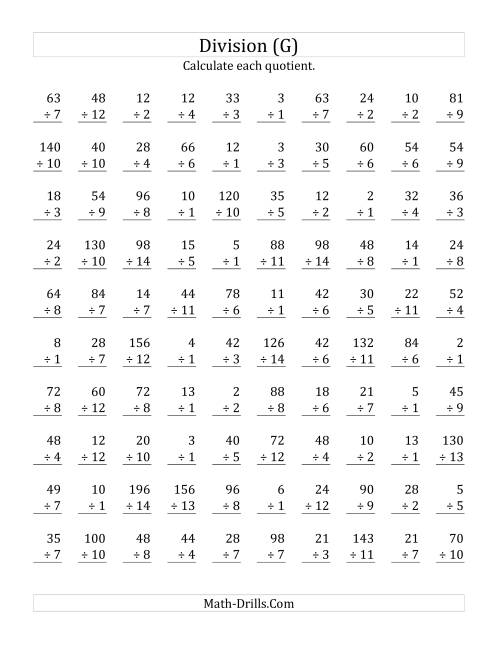 The Vertically arranged division facts to 196 (G) Math Worksheet
