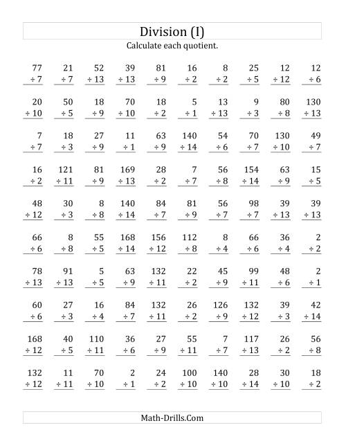 The Vertically arranged division facts to 196 (I) Math Worksheet