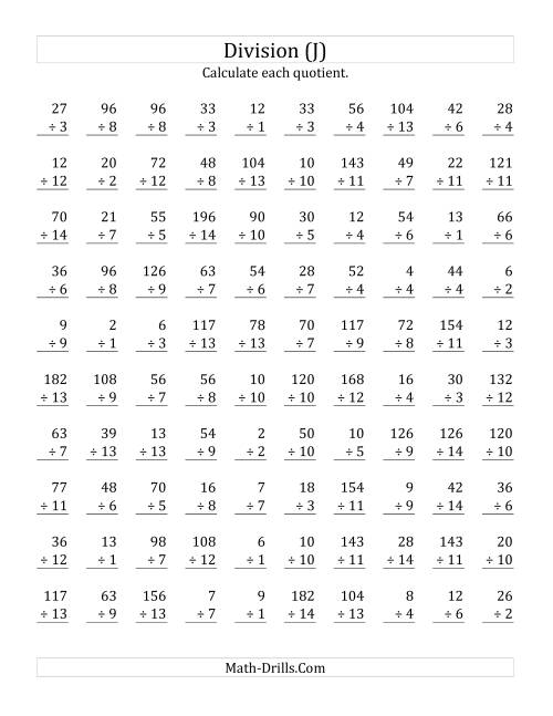 The Vertically arranged division facts to 196 (J) Math Worksheet