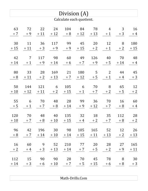 The Vertically arranged division facts to 225 (A) Math Worksheet