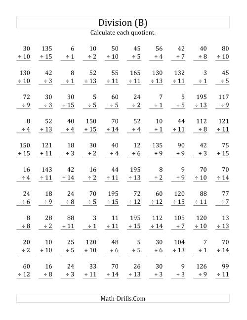 The Vertically arranged division facts to 225 (B) Math Worksheet