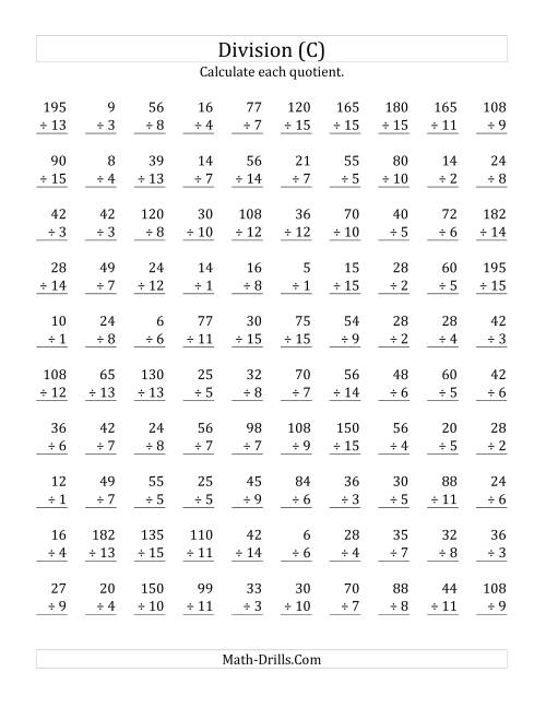 The Vertically arranged division facts to 225 (C) Math Worksheet