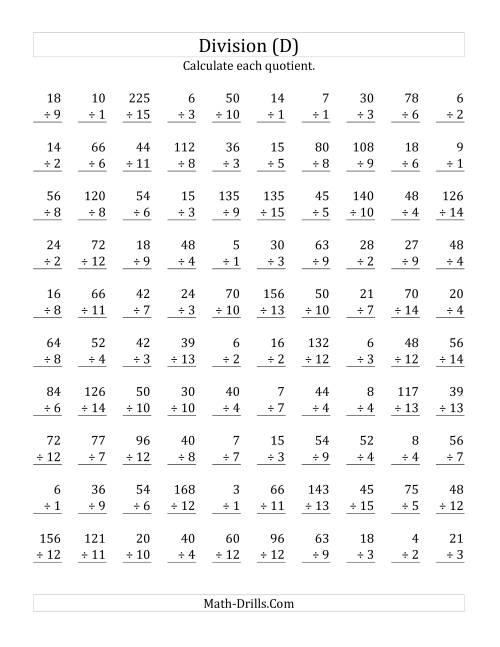 The Vertically arranged division facts to 225 (D) Math Worksheet