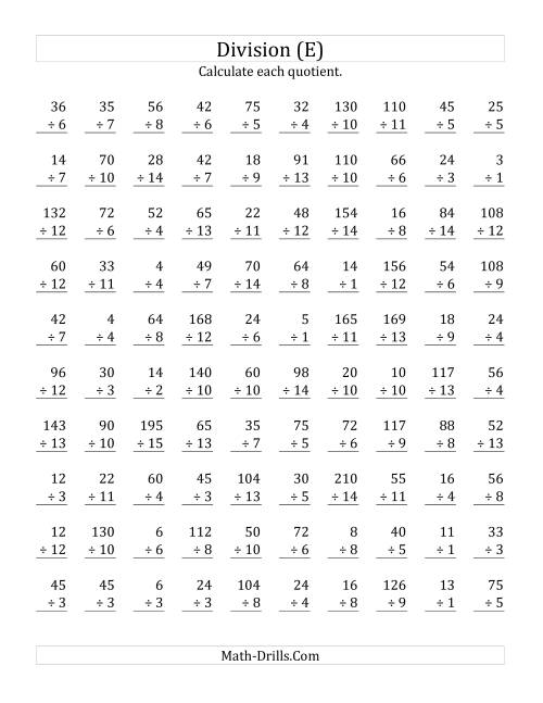 The Vertically arranged division facts to 225 (E) Math Worksheet
