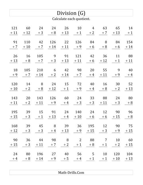 The Vertically arranged division facts to 225 (G) Math Worksheet