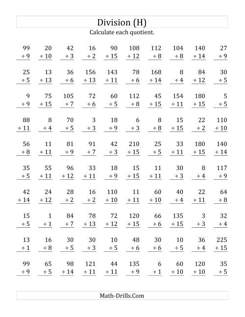 The Vertically arranged division facts to 225 (H) Math Worksheet