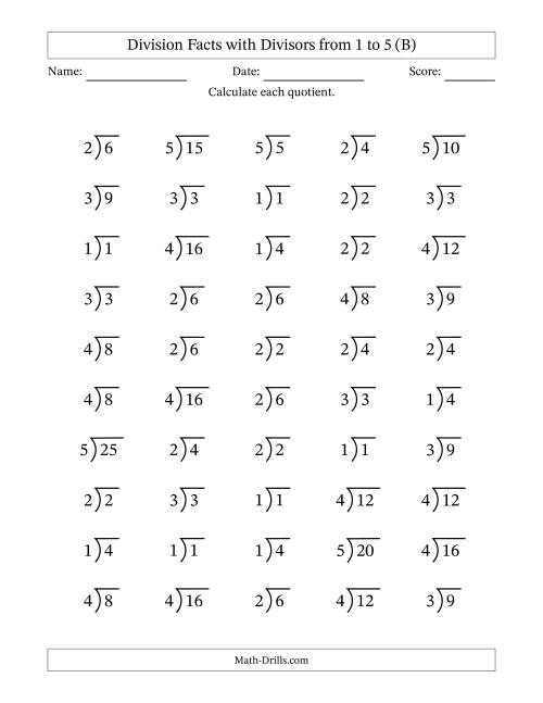 The Division Facts with Divisors and Quotients from 1 to 5 with Long Division Symbol/Bracket (B) Math Worksheet