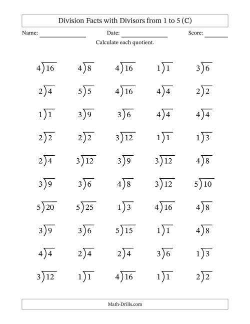 The Division Facts with Divisors and Quotients from 1 to 5 with Long Division Symbol/Bracket (C) Math Worksheet