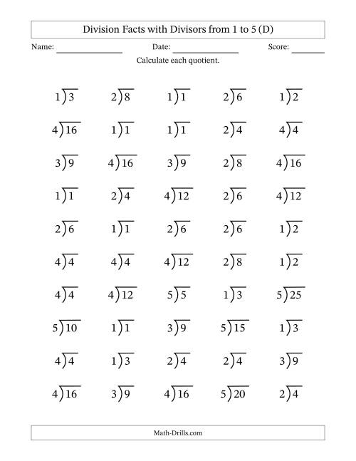 The Division Facts with Divisors and Quotients from 1 to 5 with Long Division Symbol/Bracket (D) Math Worksheet