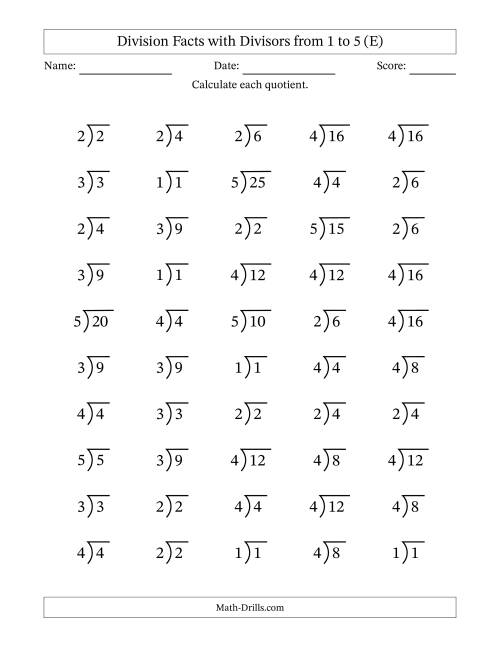 The Division Facts with Divisors and Quotients from 1 to 5 with Long Division Symbol/Bracket (E) Math Worksheet