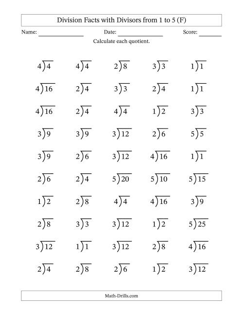 The Division Facts with Divisors and Quotients from 1 to 5 with Long Division Symbol/Bracket (F) Math Worksheet