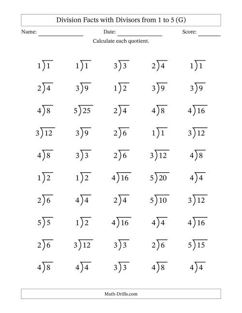 The Division Facts with Divisors and Quotients from 1 to 5 with Long Division Symbol/Bracket (G) Math Worksheet