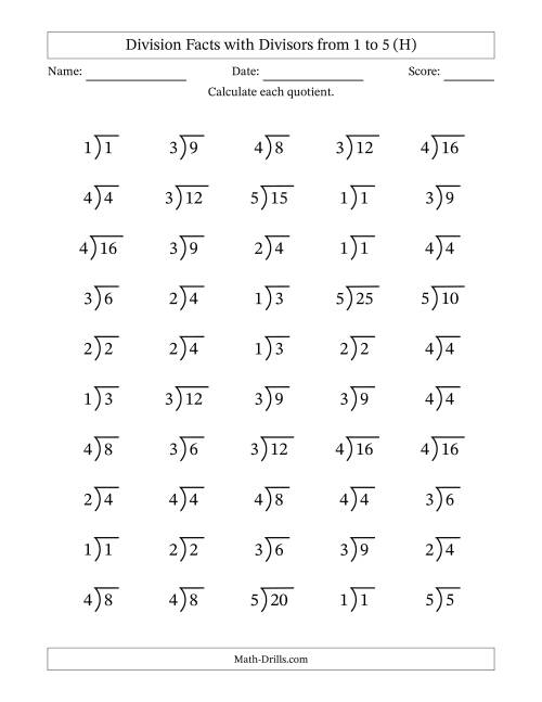 The Division Facts with Divisors and Quotients from 1 to 5 with Long Division Symbol/Bracket (H) Math Worksheet