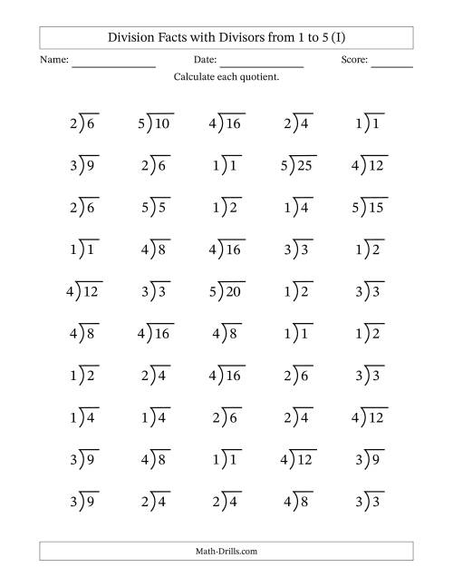 The Division Facts with Divisors and Quotients from 1 to 5 with Long Division Symbol/Bracket (I) Math Worksheet