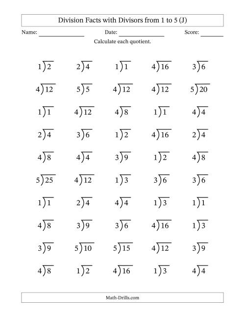 The Division Facts with Divisors and Quotients from 1 to 5 with Long Division Symbol/Bracket (J) Math Worksheet