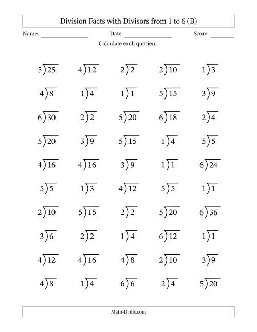 The Division Facts with Divisors and Quotients from 1 to 6 with Long Division Symbol (B) Math Worksheet