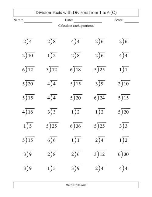 The Division Facts with Divisors and Quotients from 1 to 6 with Long Division Symbol/Bracket (C) Math Worksheet