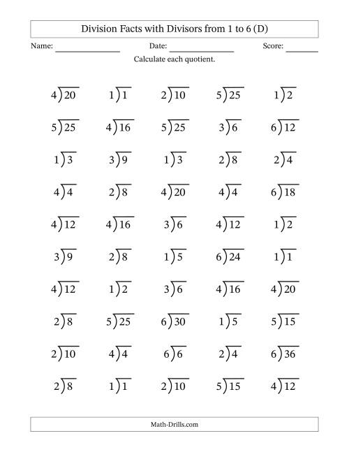 The Division Facts with Divisors and Quotients from 1 to 6 with Long Division Symbol (D) Math Worksheet