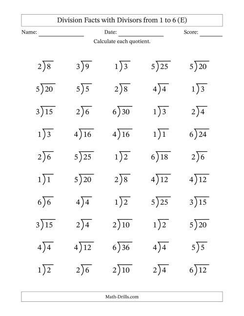 The Division Facts with Divisors and Quotients from 1 to 6 with Long Division Symbol/Bracket (E) Math Worksheet