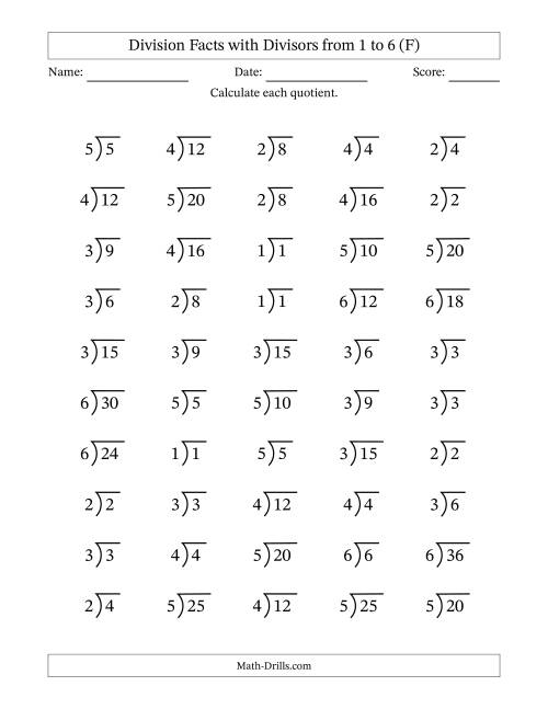 The Division Facts with Divisors and Quotients from 1 to 6 with Long Division Symbol/Bracket (F) Math Worksheet