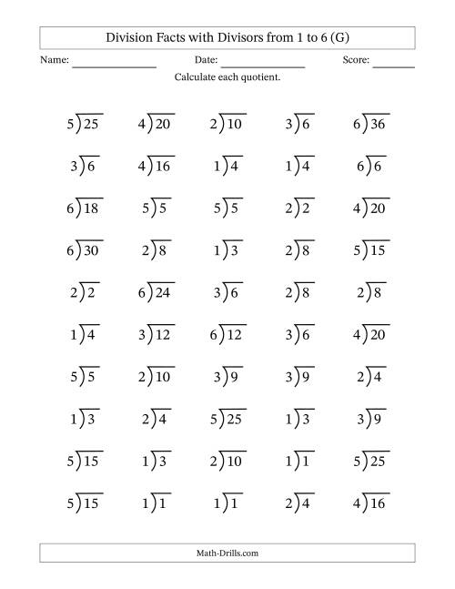 The Division Facts with Divisors and Quotients from 1 to 6 with Long Division Symbol (G) Math Worksheet