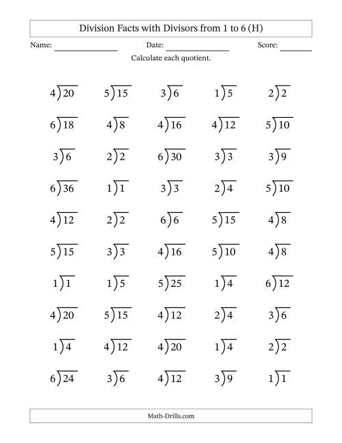 The Division Facts with Divisors and Quotients from 1 to 6 with Long Division Symbol (H) Math Worksheet