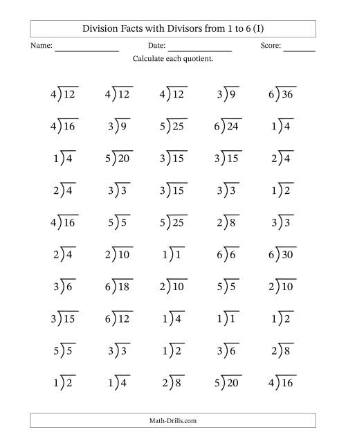 The Division Facts with Divisors and Quotients from 1 to 6 with Long Division Symbol (I) Math Worksheet