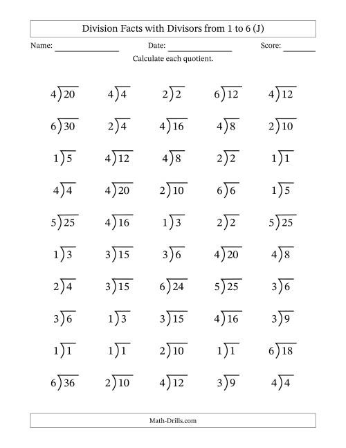The Division Facts with Divisors and Quotients from 1 to 6 with Long Division Symbol (J) Math Worksheet