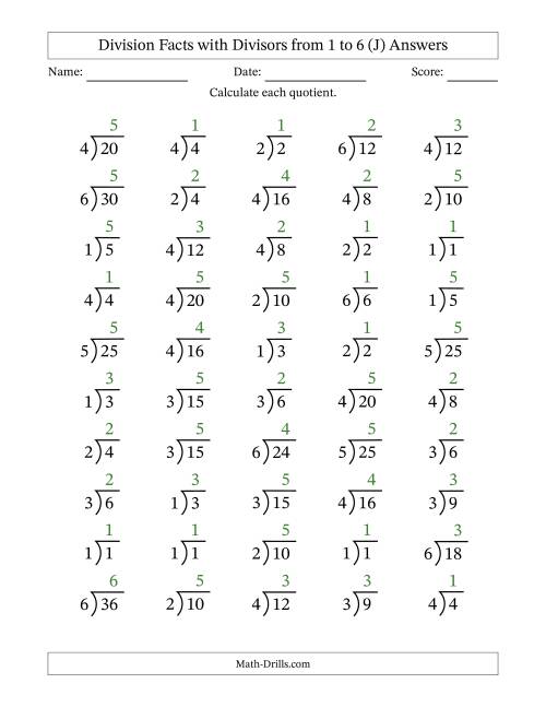 The Division Facts with Divisors and Quotients from 1 to 6 with Long Division Symbol (J) Math Worksheet Page 2