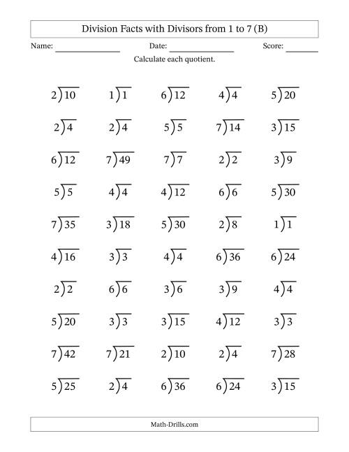 The Division Facts with Divisors and Quotients from 1 to 7 with Long Division Symbol/Bracket (B) Math Worksheet